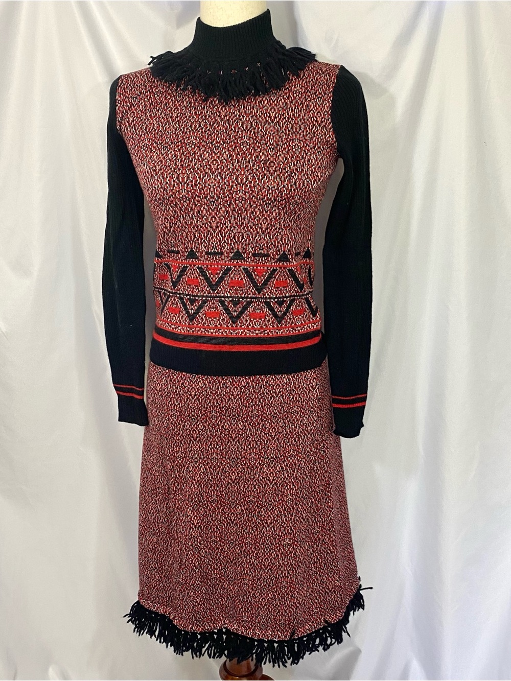 Vintage 70’s Tami Red and Black Knit Skirt & Fringed Sweater Outfit Small Medium
